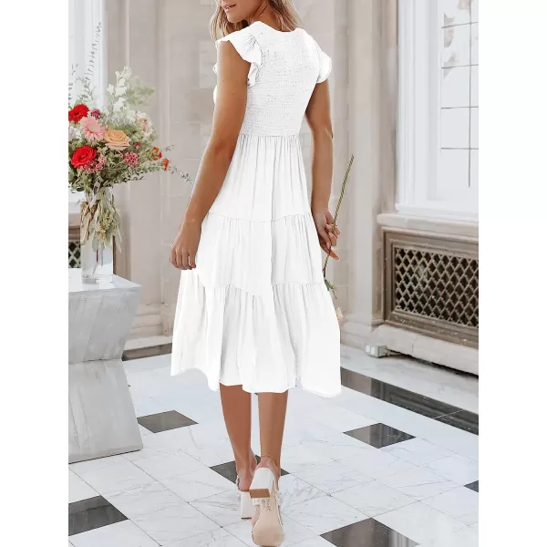 imageANRABESS Womens Summer Casual Flutter Short Sleeve V Neck Smocked ALine Tiered Midi Beach DressWhite