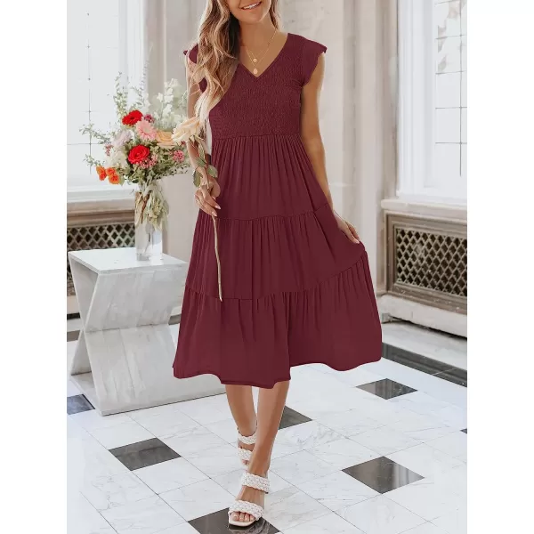 imageANRABESS Womens Summer Casual Flutter Short Sleeve V Neck Smocked ALine Tiered Midi Beach DressWine Red