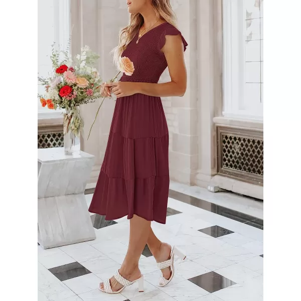 imageANRABESS Womens Summer Casual Flutter Short Sleeve V Neck Smocked ALine Tiered Midi Beach DressWine Red