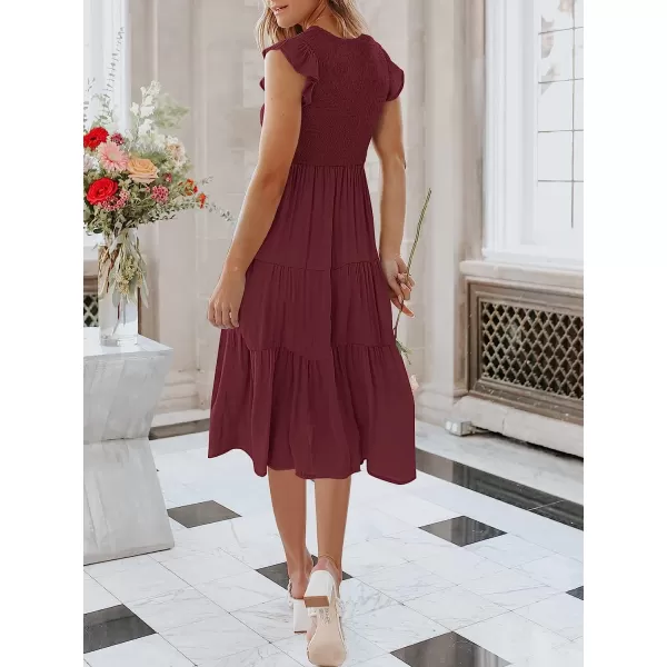 imageANRABESS Womens Summer Casual Flutter Short Sleeve V Neck Smocked ALine Tiered Midi Beach DressWine Red