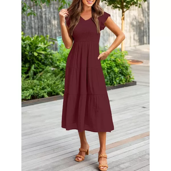 imageANRABESS Womens Summer Casual Flutter Short Sleeve V Neck Smocked ALine Tiered Midi Beach DressWine Red