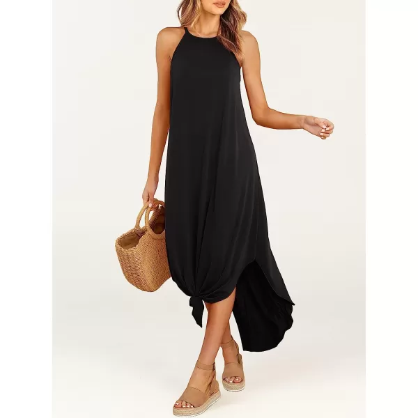 imageANRABESS Womens Summer Casual Halter Neck Sundress Sleeveless Split Maxi Long Beach Dress with PocketsBlack