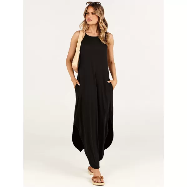 imageANRABESS Womens Summer Casual Halter Neck Sundress Sleeveless Split Maxi Long Beach Dress with PocketsBlack