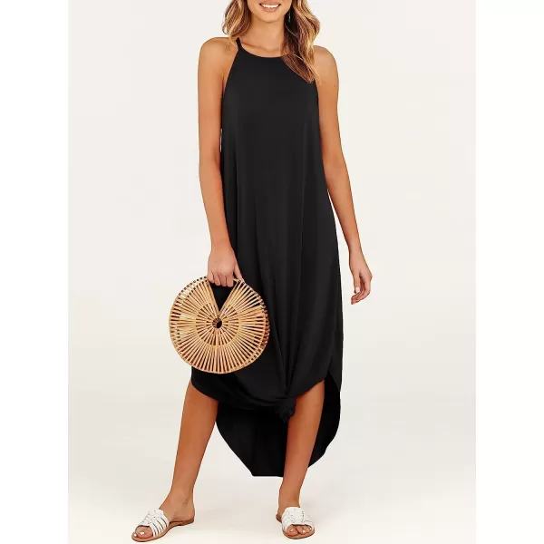 imageANRABESS Womens Summer Casual Halter Neck Sundress Sleeveless Split Maxi Long Beach Dress with PocketsBlack