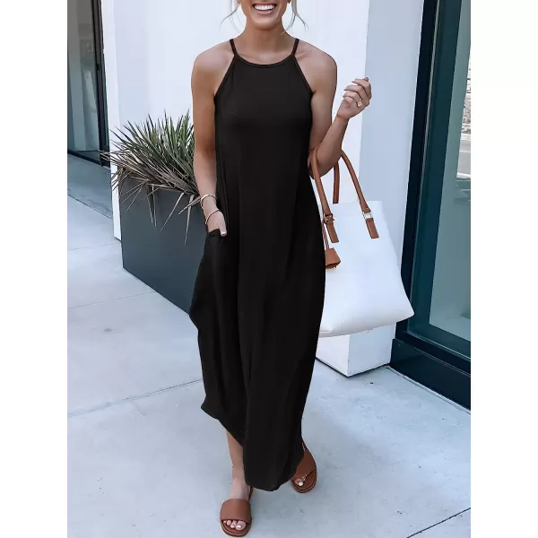 imageANRABESS Womens Summer Casual Halter Neck Sundress Sleeveless Split Maxi Long Beach Dress with PocketsBlack