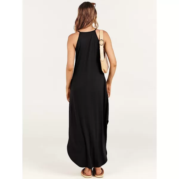 imageANRABESS Womens Summer Casual Halter Neck Sundress Sleeveless Split Maxi Long Beach Dress with PocketsBlack