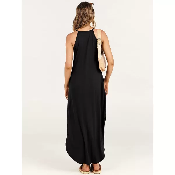 imageANRABESS Womens Summer Casual Halter Neck Sundress Sleeveless Split Maxi Long Beach Dress with PocketsBlack