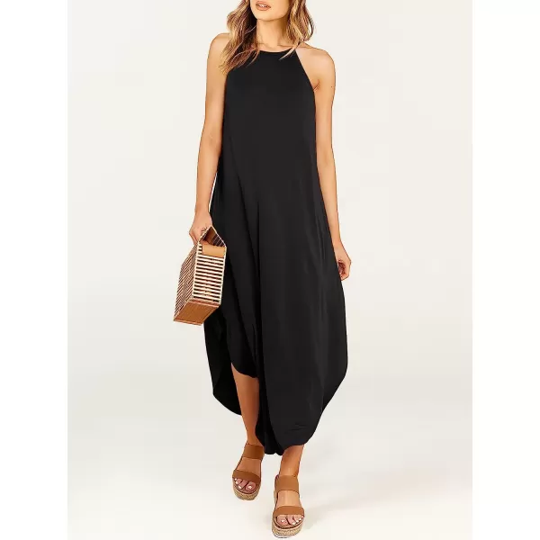 imageANRABESS Womens Summer Casual Halter Neck Sundress Sleeveless Split Maxi Long Beach Dress with PocketsBlack