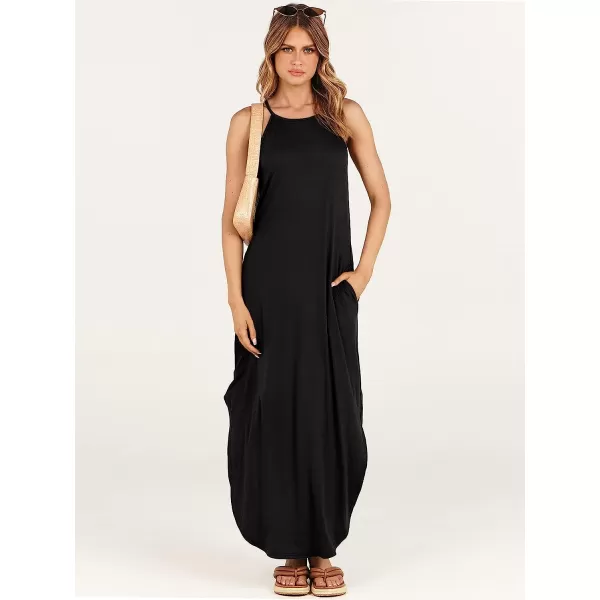 imageANRABESS Womens Summer Casual Halter Neck Sundress Sleeveless Split Maxi Long Beach Dress with PocketsBlack