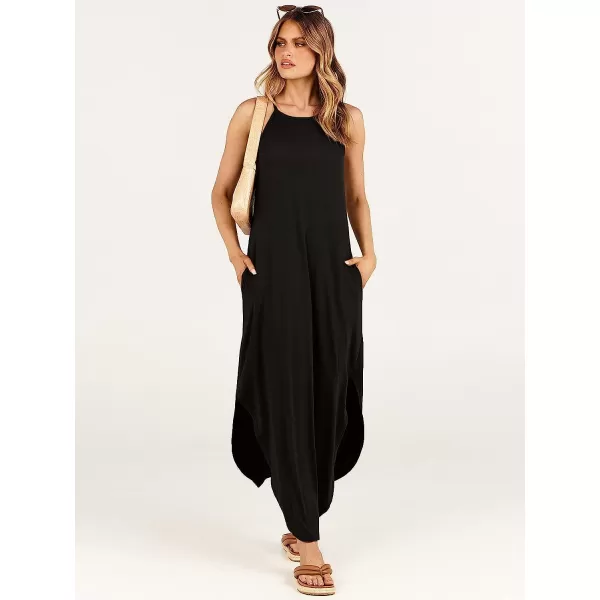 imageANRABESS Womens Summer Casual Halter Neck Sundress Sleeveless Split Maxi Long Beach Dress with PocketsBlack