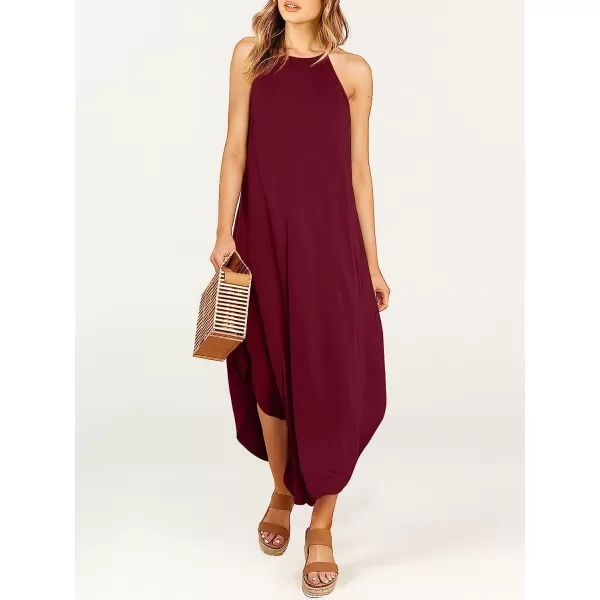 imageANRABESS Womens Summer Casual Halter Neck Sundress Sleeveless Split Maxi Long Beach Dress with PocketsBurgundy