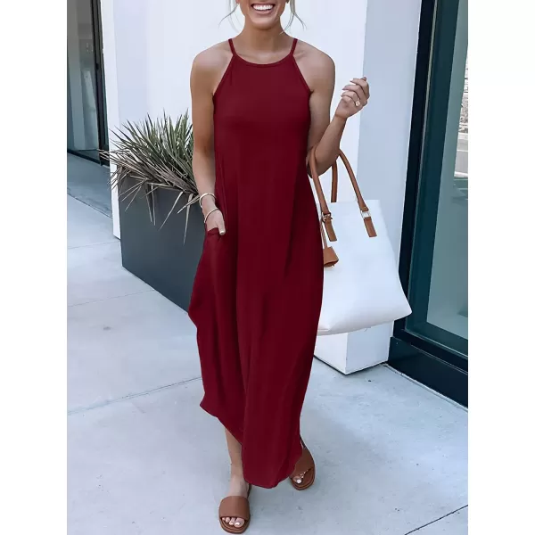 imageANRABESS Womens Summer Casual Halter Neck Sundress Sleeveless Split Maxi Long Beach Dress with PocketsBurgundy