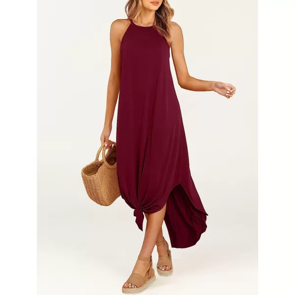 imageANRABESS Womens Summer Casual Halter Neck Sundress Sleeveless Split Maxi Long Beach Dress with PocketsBurgundy