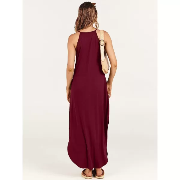imageANRABESS Womens Summer Casual Halter Neck Sundress Sleeveless Split Maxi Long Beach Dress with PocketsBurgundy