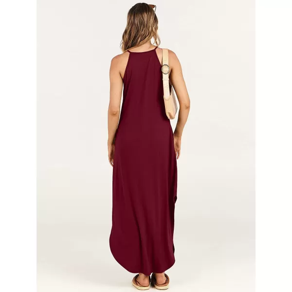 imageANRABESS Womens Summer Casual Halter Neck Sundress Sleeveless Split Maxi Long Beach Dress with PocketsBurgundy