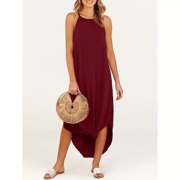 imageANRABESS Womens Summer Casual Halter Neck Sundress Sleeveless Split Maxi Long Beach Dress with PocketsBurgundy
