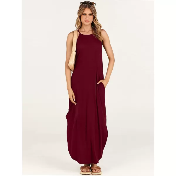 imageANRABESS Womens Summer Casual Halter Neck Sundress Sleeveless Split Maxi Long Beach Dress with PocketsBurgundy