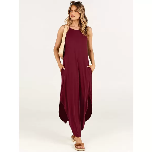 imageANRABESS Womens Summer Casual Halter Neck Sundress Sleeveless Split Maxi Long Beach Dress with PocketsBurgundy