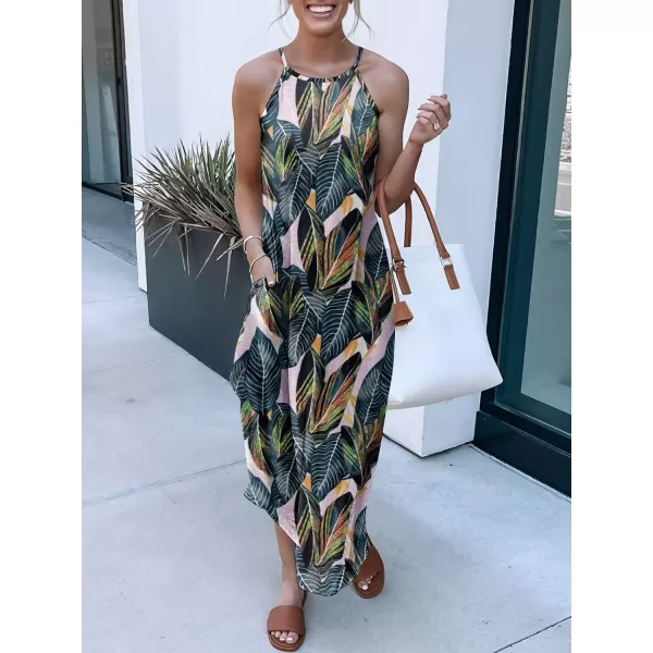 imageANRABESS Womens Summer Casual Halter Neck Sundress Sleeveless Split Maxi Long Beach Dress with PocketsLeaf