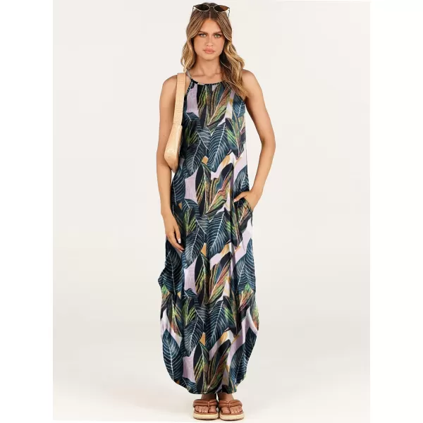 imageANRABESS Womens Summer Casual Halter Neck Sundress Sleeveless Split Maxi Long Beach Dress with PocketsLeaf