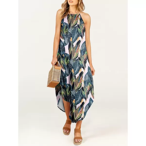 imageANRABESS Womens Summer Casual Halter Neck Sundress Sleeveless Split Maxi Long Beach Dress with PocketsLeaf