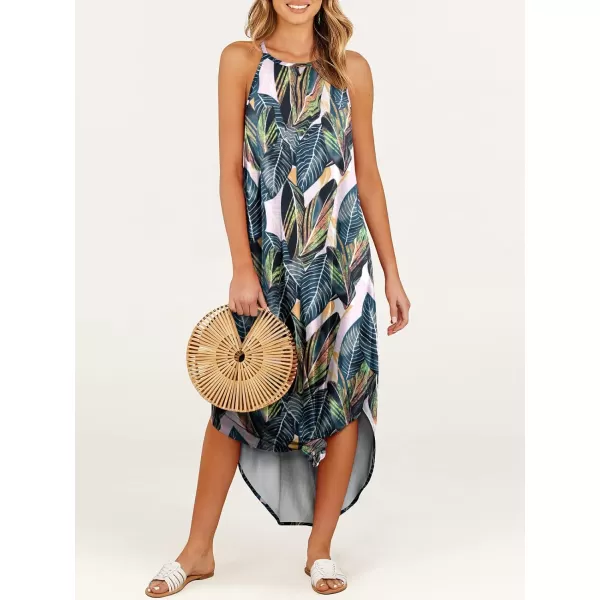 imageANRABESS Womens Summer Casual Halter Neck Sundress Sleeveless Split Maxi Long Beach Dress with PocketsLeaf