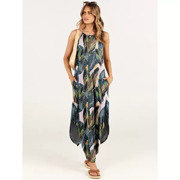 imageANRABESS Womens Summer Casual Halter Neck Sundress Sleeveless Split Maxi Long Beach Dress with PocketsLeaf