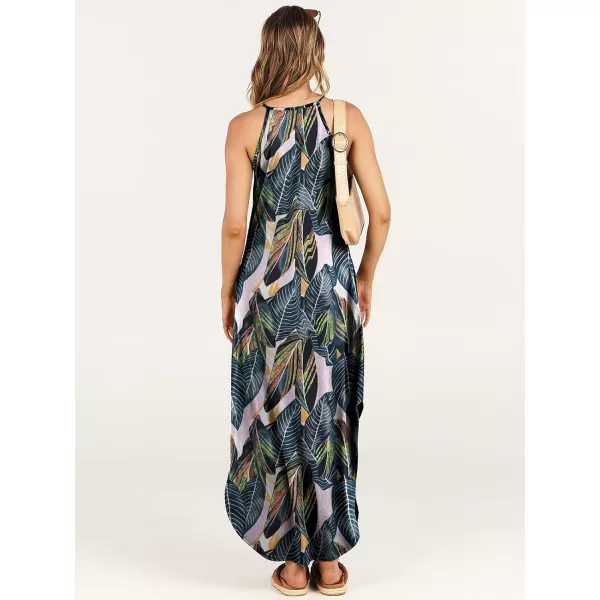 imageANRABESS Womens Summer Casual Halter Neck Sundress Sleeveless Split Maxi Long Beach Dress with PocketsLeaf