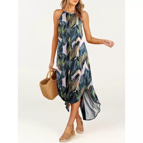 imageANRABESS Womens Summer Casual Halter Neck Sundress Sleeveless Split Maxi Long Beach Dress with PocketsLeaf