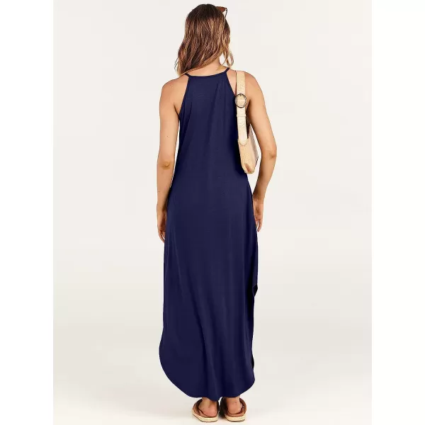 imageANRABESS Womens Summer Casual Halter Neck Sundress Sleeveless Split Maxi Long Beach Dress with PocketsNavy Blue