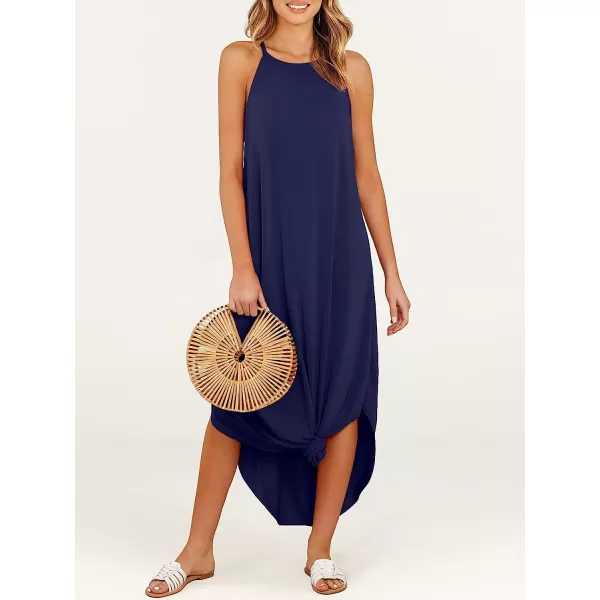 imageANRABESS Womens Summer Casual Halter Neck Sundress Sleeveless Split Maxi Long Beach Dress with PocketsNavy Blue