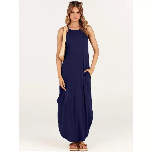imageANRABESS Womens Summer Casual Halter Neck Sundress Sleeveless Split Maxi Long Beach Dress with PocketsNavy Blue