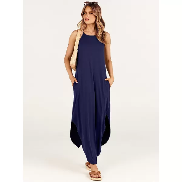 imageANRABESS Womens Summer Casual Halter Neck Sundress Sleeveless Split Maxi Long Beach Dress with PocketsNavy Blue