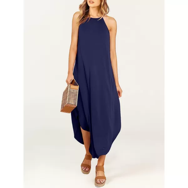 imageANRABESS Womens Summer Casual Halter Neck Sundress Sleeveless Split Maxi Long Beach Dress with PocketsNavy Blue