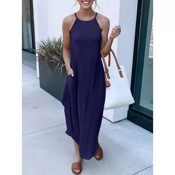 imageANRABESS Womens Summer Casual Halter Neck Sundress Sleeveless Split Maxi Long Beach Dress with PocketsNavy Blue