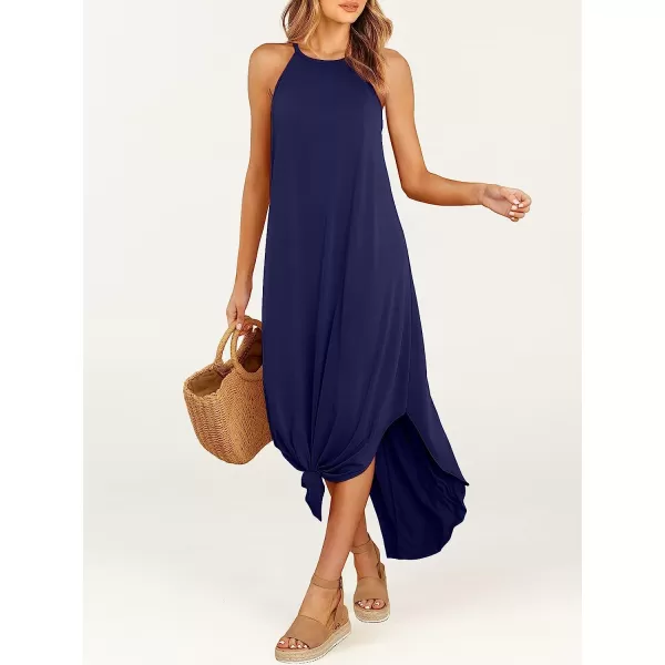 imageANRABESS Womens Summer Casual Halter Neck Sundress Sleeveless Split Maxi Long Beach Dress with PocketsNavy Blue