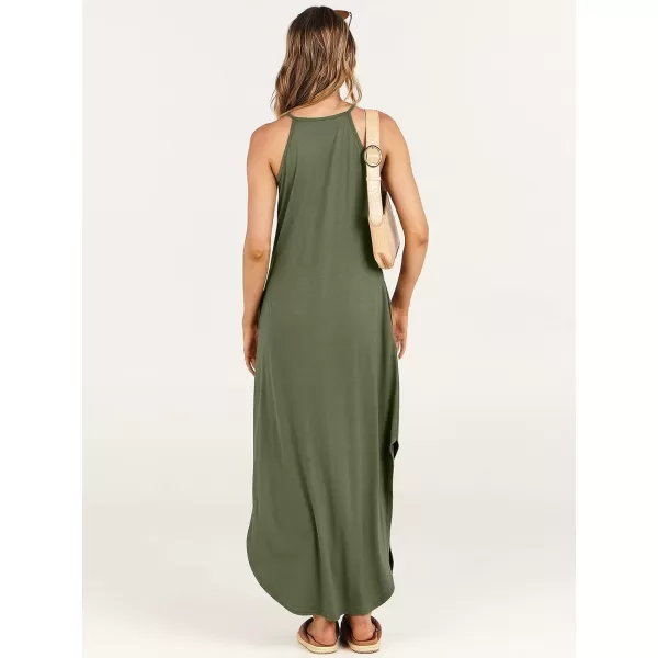 imageANRABESS Womens Summer Casual Halter Neck Sundress Sleeveless Split Maxi Long Beach Dress with PocketsOlive