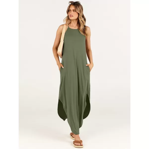 imageANRABESS Womens Summer Casual Halter Neck Sundress Sleeveless Split Maxi Long Beach Dress with PocketsOlive