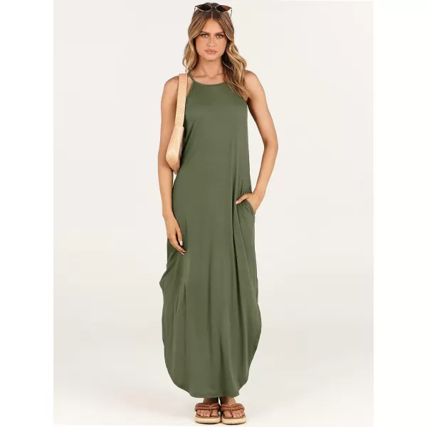imageANRABESS Womens Summer Casual Halter Neck Sundress Sleeveless Split Maxi Long Beach Dress with PocketsOlive