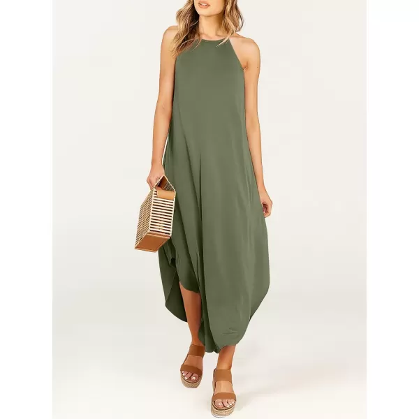 imageANRABESS Womens Summer Casual Halter Neck Sundress Sleeveless Split Maxi Long Beach Dress with PocketsOlive