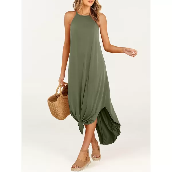 imageANRABESS Womens Summer Casual Halter Neck Sundress Sleeveless Split Maxi Long Beach Dress with PocketsOlive