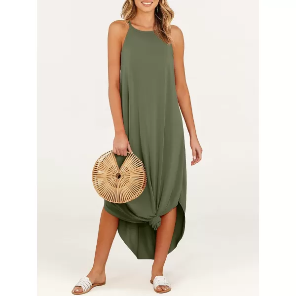 imageANRABESS Womens Summer Casual Halter Neck Sundress Sleeveless Split Maxi Long Beach Dress with PocketsOlive