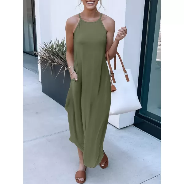 imageANRABESS Womens Summer Casual Halter Neck Sundress Sleeveless Split Maxi Long Beach Dress with PocketsOlive