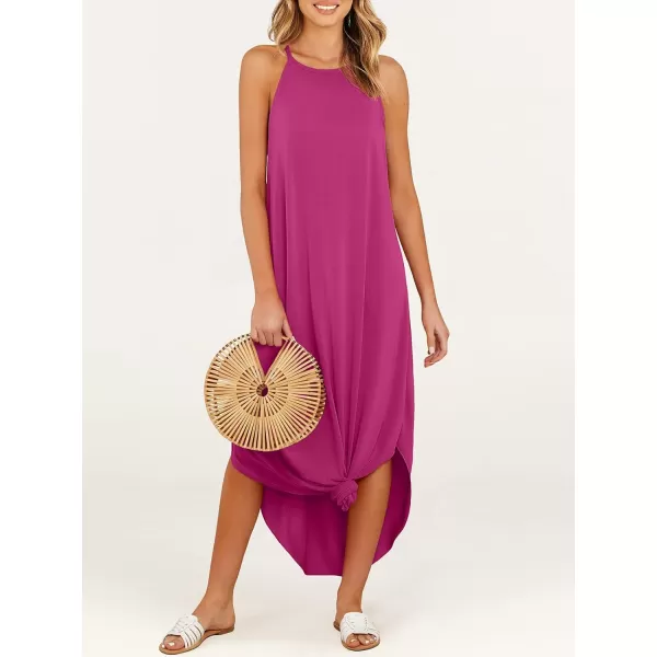 imageANRABESS Womens Summer Casual Halter Neck Sundress Sleeveless Split Maxi Long Beach Dress with PocketsPink
