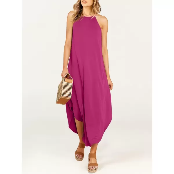 imageANRABESS Womens Summer Casual Halter Neck Sundress Sleeveless Split Maxi Long Beach Dress with PocketsPink