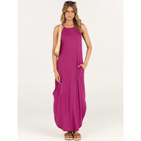 imageANRABESS Womens Summer Casual Halter Neck Sundress Sleeveless Split Maxi Long Beach Dress with PocketsPink