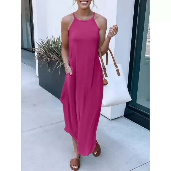 imageANRABESS Womens Summer Casual Halter Neck Sundress Sleeveless Split Maxi Long Beach Dress with PocketsPink