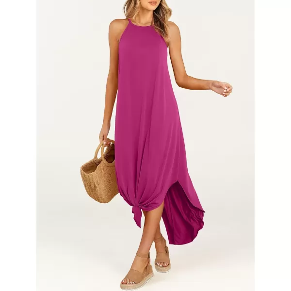 imageANRABESS Womens Summer Casual Halter Neck Sundress Sleeveless Split Maxi Long Beach Dress with PocketsPink