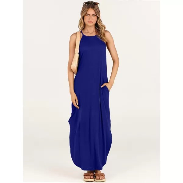 imageANRABESS Womens Summer Casual Halter Neck Sundress Sleeveless Split Maxi Long Beach Dress with PocketsRoyal Blue