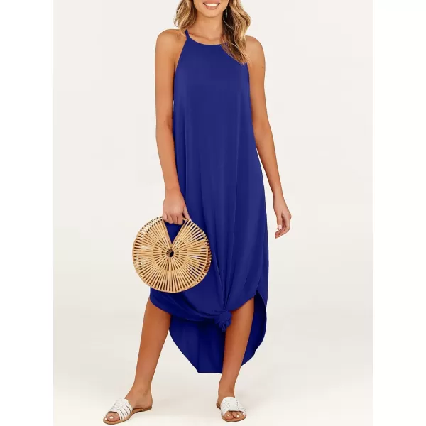 imageANRABESS Womens Summer Casual Halter Neck Sundress Sleeveless Split Maxi Long Beach Dress with PocketsRoyal Blue